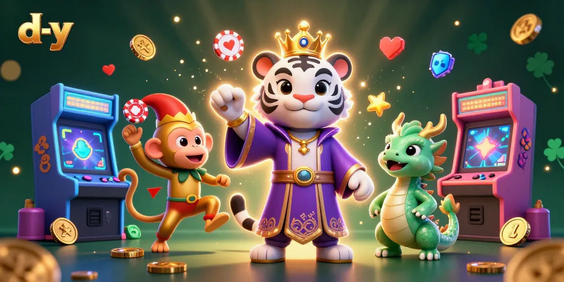 Engage with d-y's captivating casino world featuring a royal tiger, playful monkey, and dynamic gaming elements.