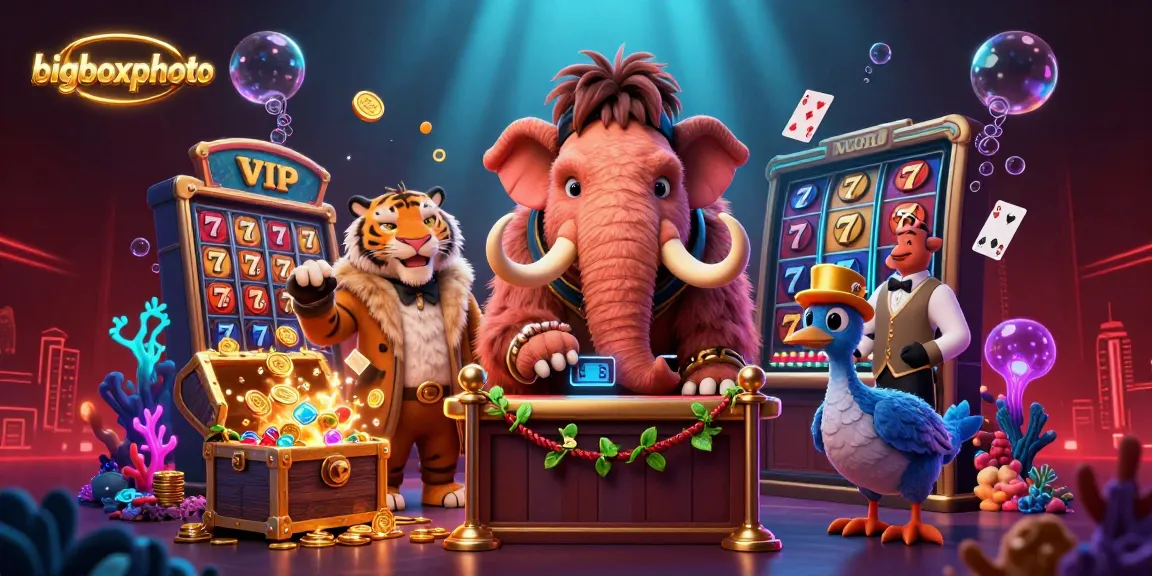 Experience the excitement at bigboxphoto's casino where our woolly mammoth bouncer interacts with a saber-tooth tiger and charming dodo bird amidst slot reels and underwater treasures.